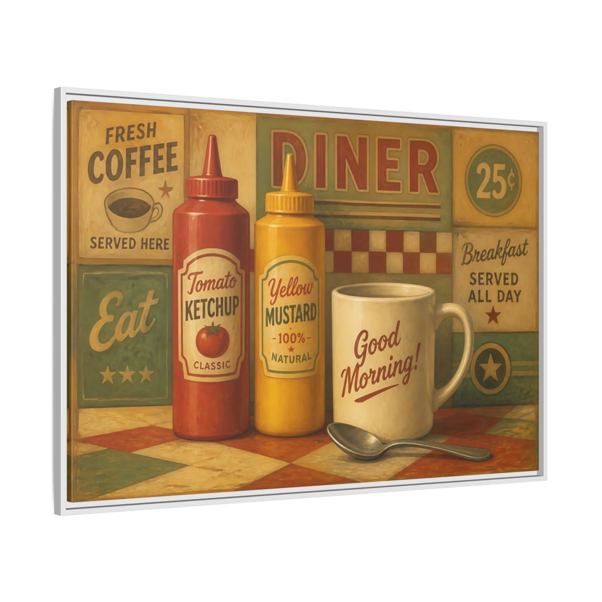 Side Mockup 7. Diner Condiments And Coffee shown as framed canvas print