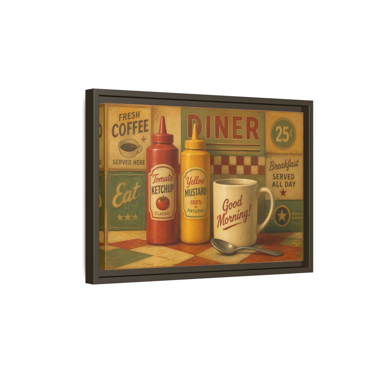 Side Mockup 5. Diner Condiments And Coffee shown as framed canvas print
