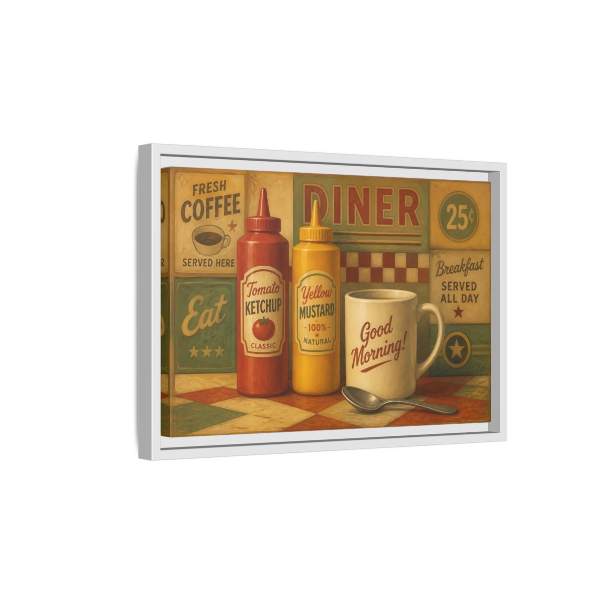 Side Mockup 4. Diner Condiments And Coffee shown as framed canvas print