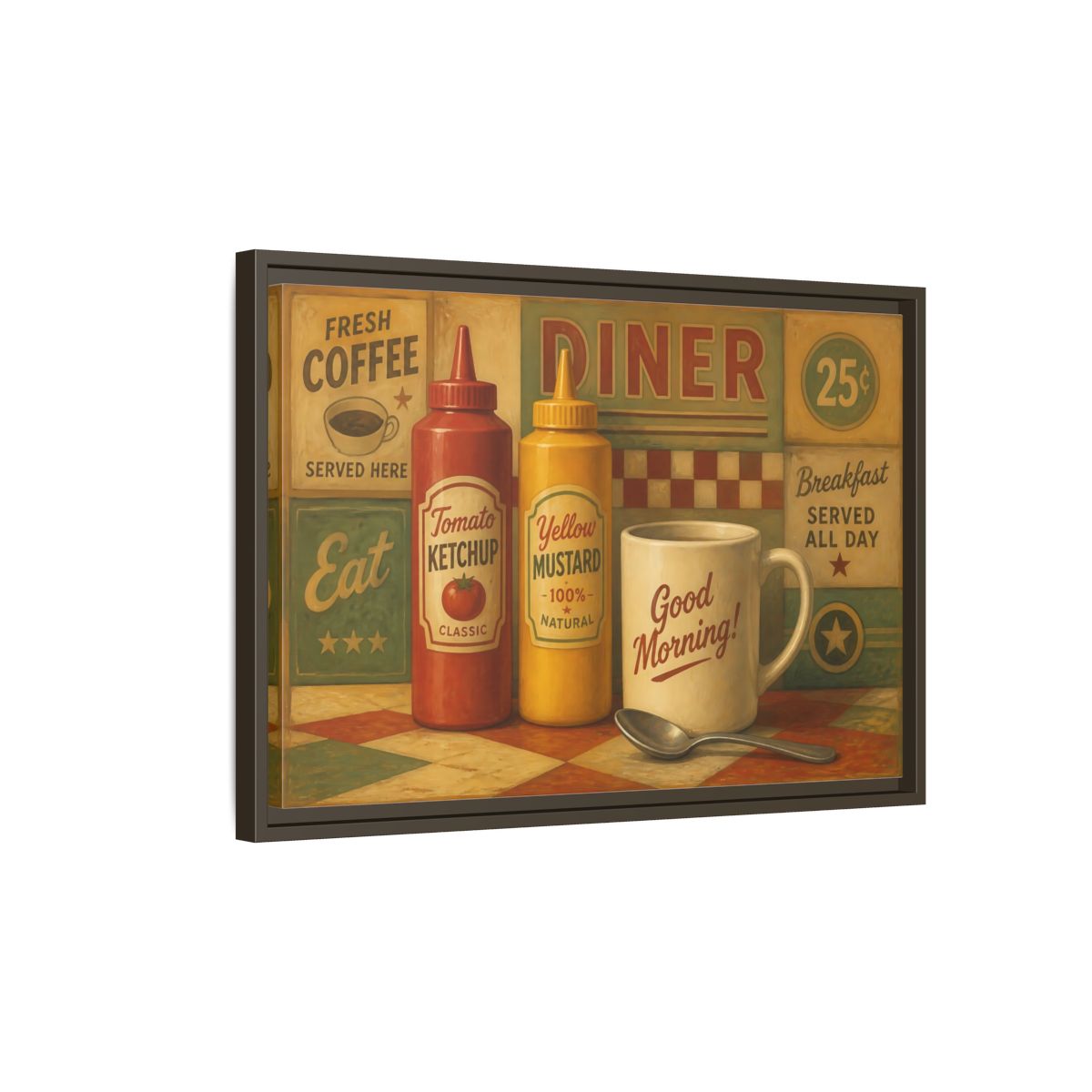 Side Mockup 2. Diner Condiments And Coffee shown as framed canvas print