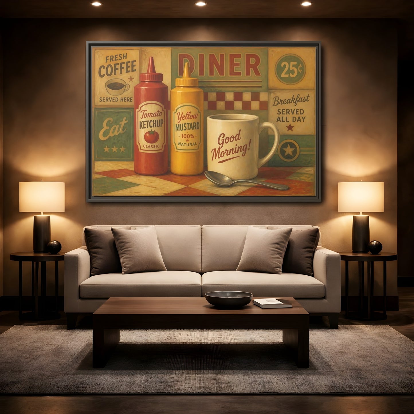 Mockup 2. Diner Condiments And Coffee shown as framed canvas print