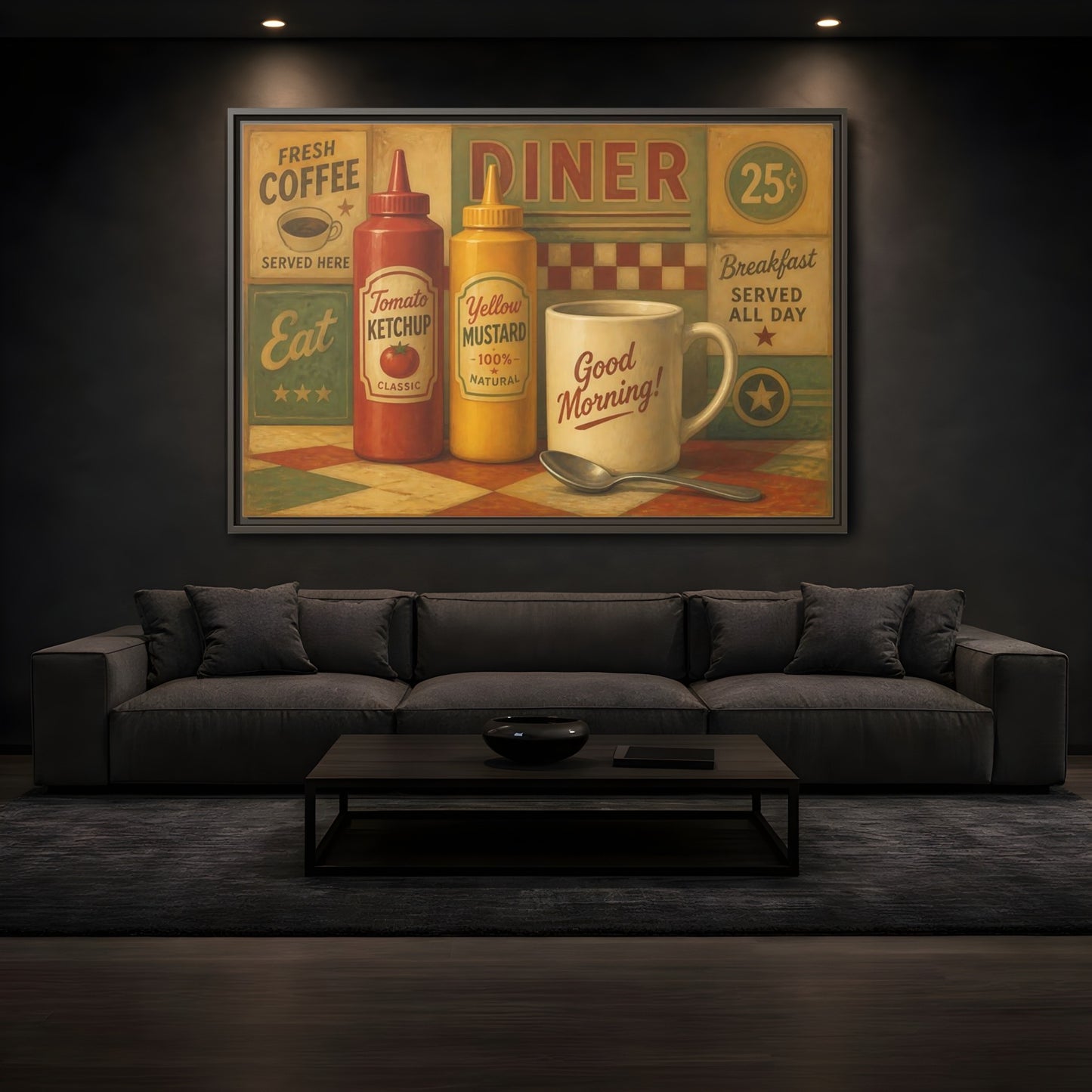 Mockup 3. Diner Condiments And Coffee shown as framed canvas print