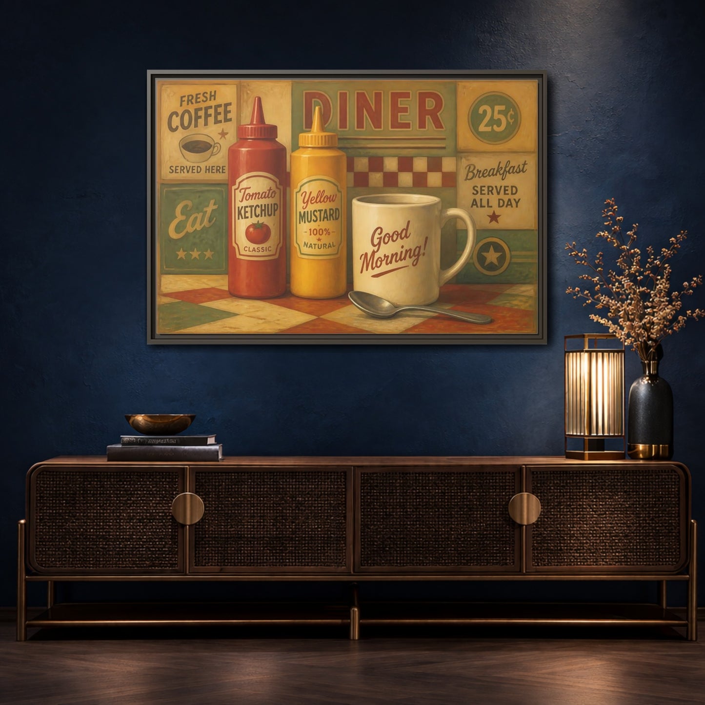 Mockup 4. Diner Condiments And Coffee shown as framed canvas print