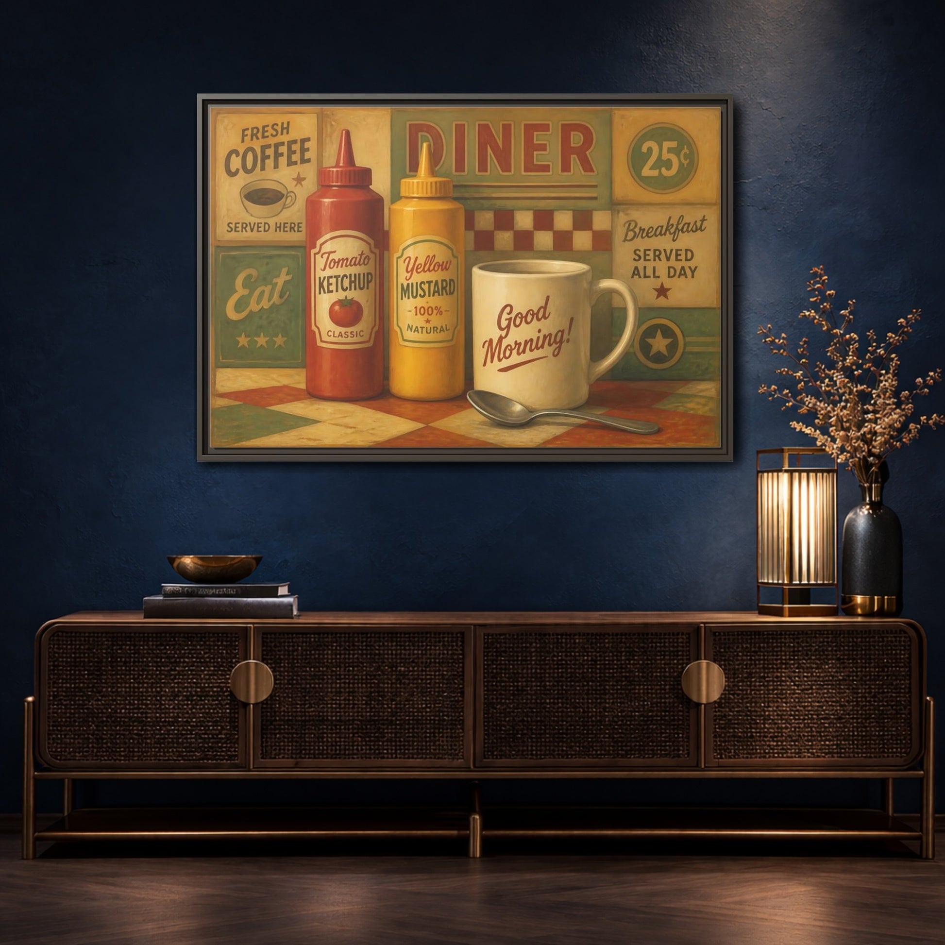 Mockup 4. Diner Condiments And Coffee shown as framed canvas print