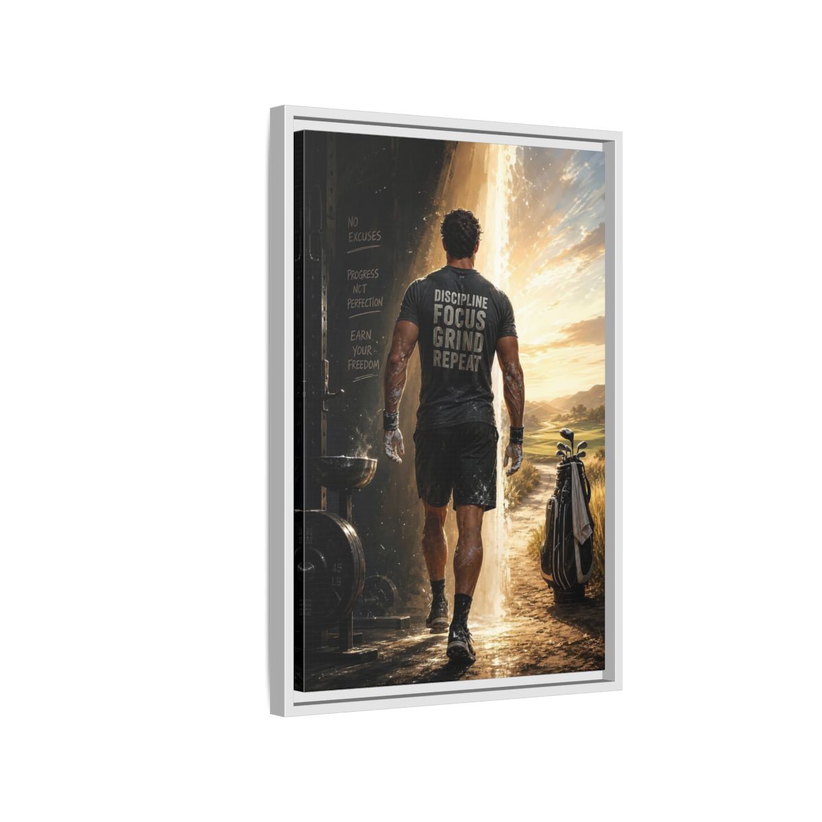 Side Mockup 1. Discipline Focus Grind shown as framed canvas print