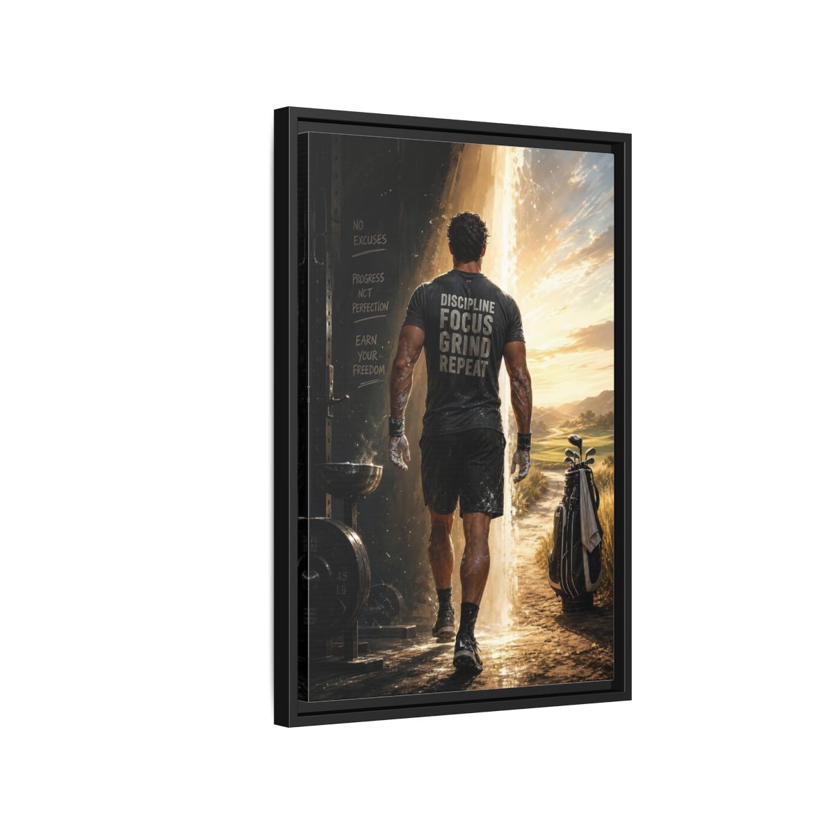 Side Mockup 3. Discipline Focus Grind shown as framed canvas print