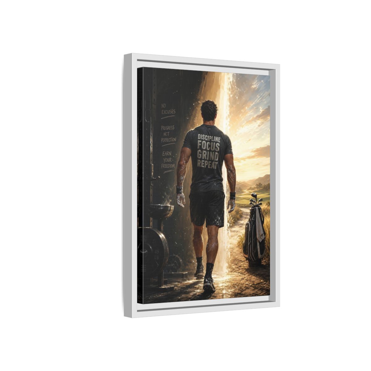 Side Mockup 4. Discipline Focus Grind shown as framed canvas print