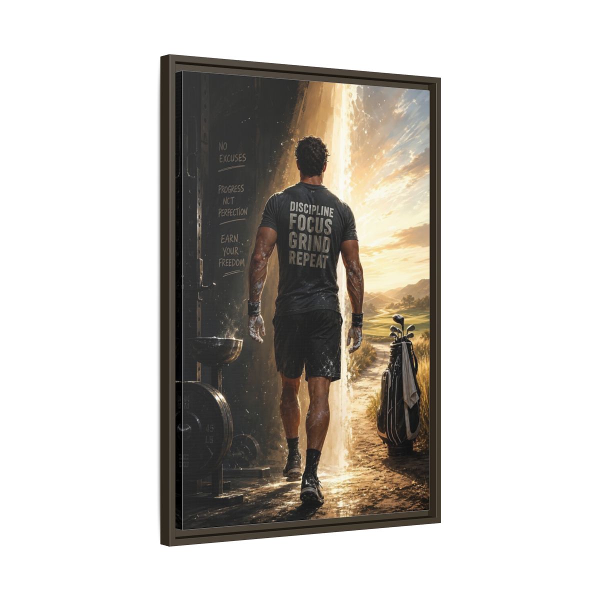 Side Mockup 11. Discipline Focus Grind shown as framed canvas print