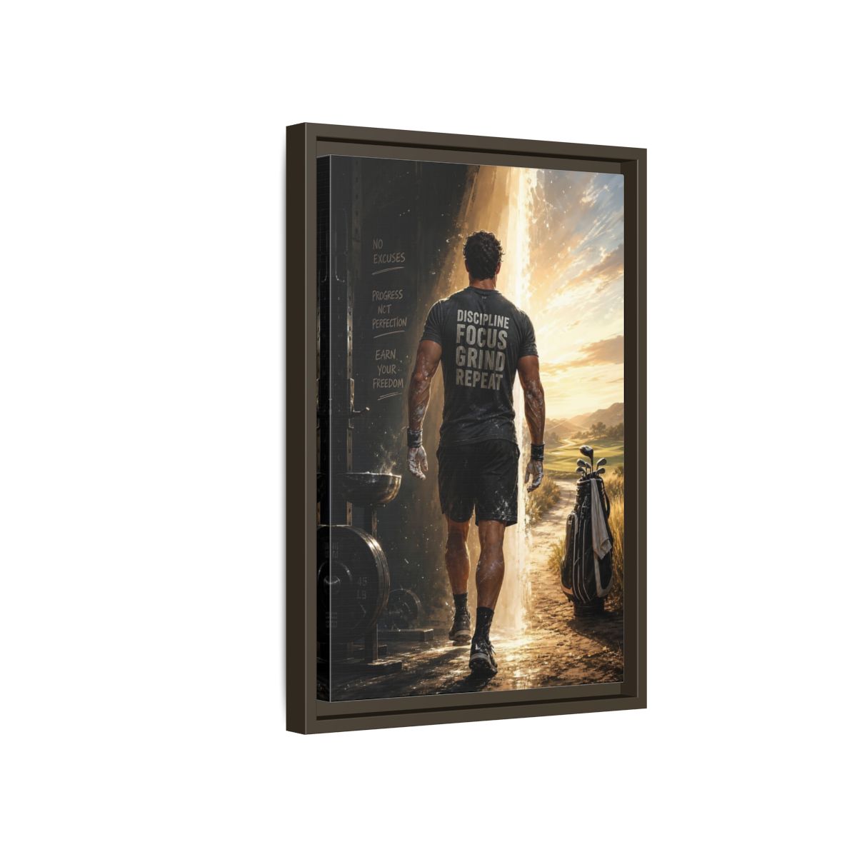 Side Mockup 5. Discipline Focus Grind shown as framed canvas print