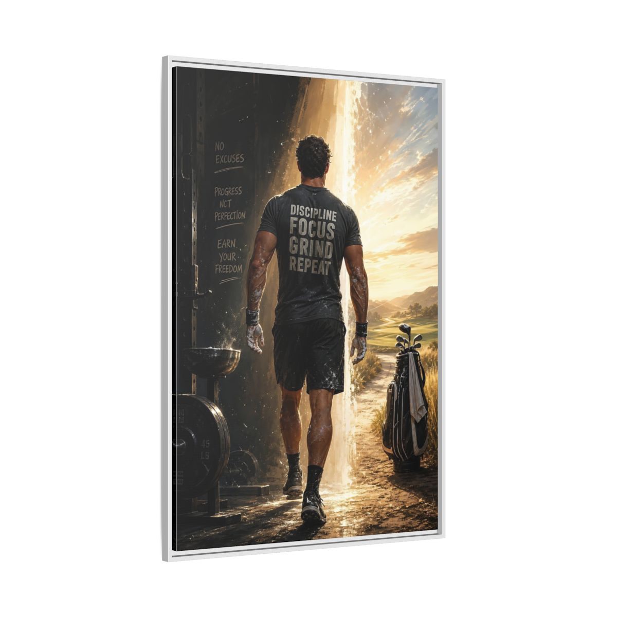 Side Mockup 7. Discipline Focus Grind shown as framed canvas print