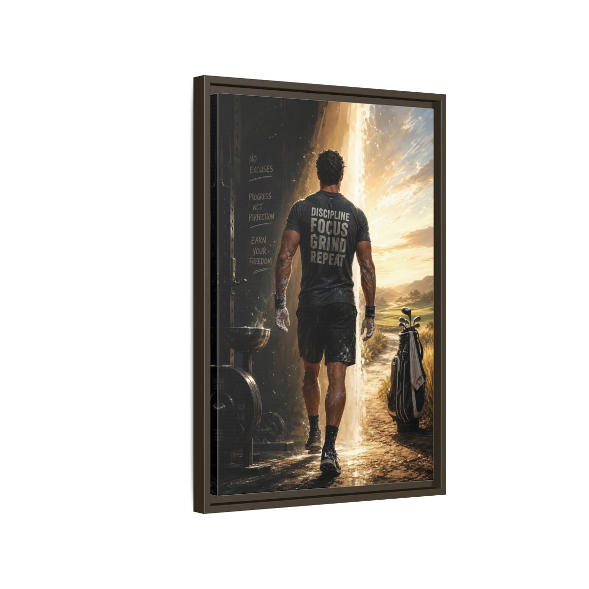 Side Mockup 2. Discipline Focus Grind shown as framed canvas print