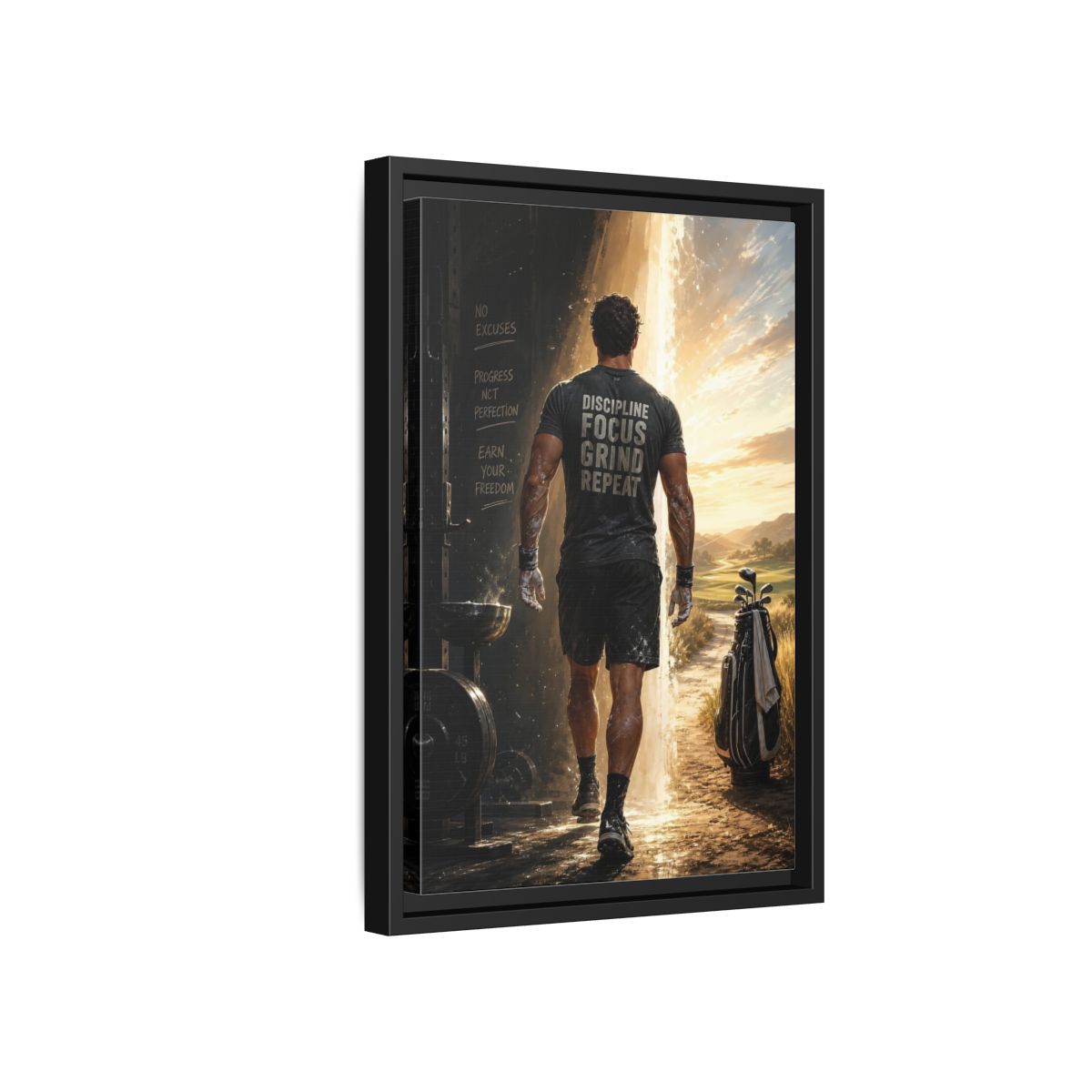 Side Mockup 6. Discipline Focus Grind shown as framed canvas print
