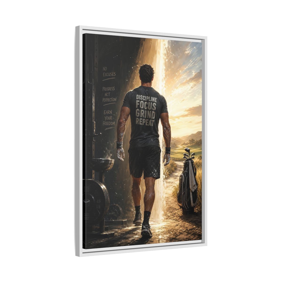 Side Mockup 10. Discipline Focus Grind shown as framed canvas print
