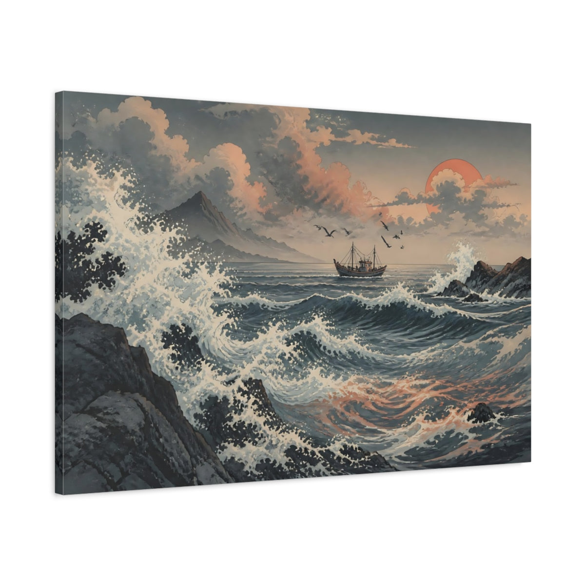 Main Mockup. Distant Fishing Boat Sunset shown as canvas print