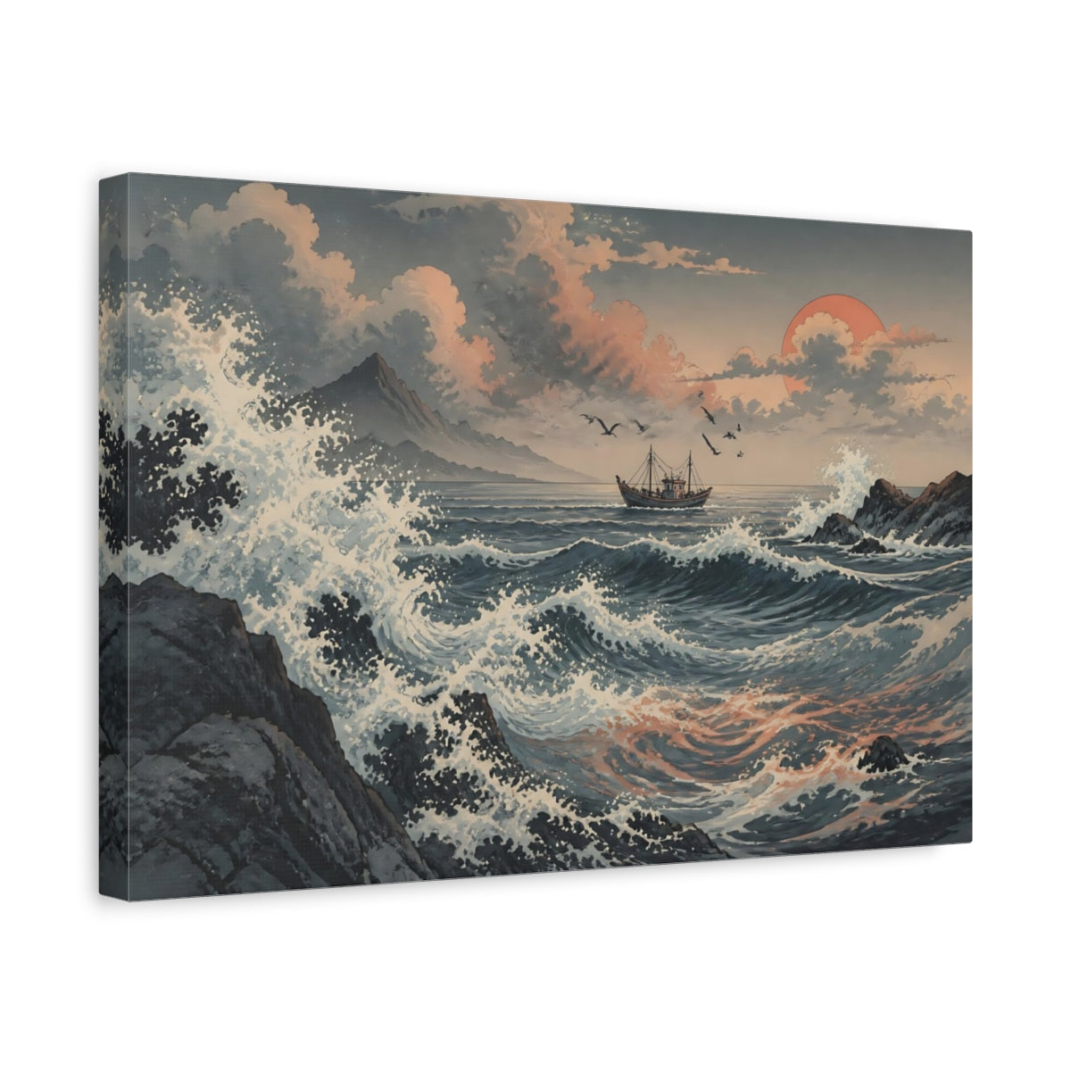 Side Mockup 4. Distant Fishing Boat Sunset shown as canvas print