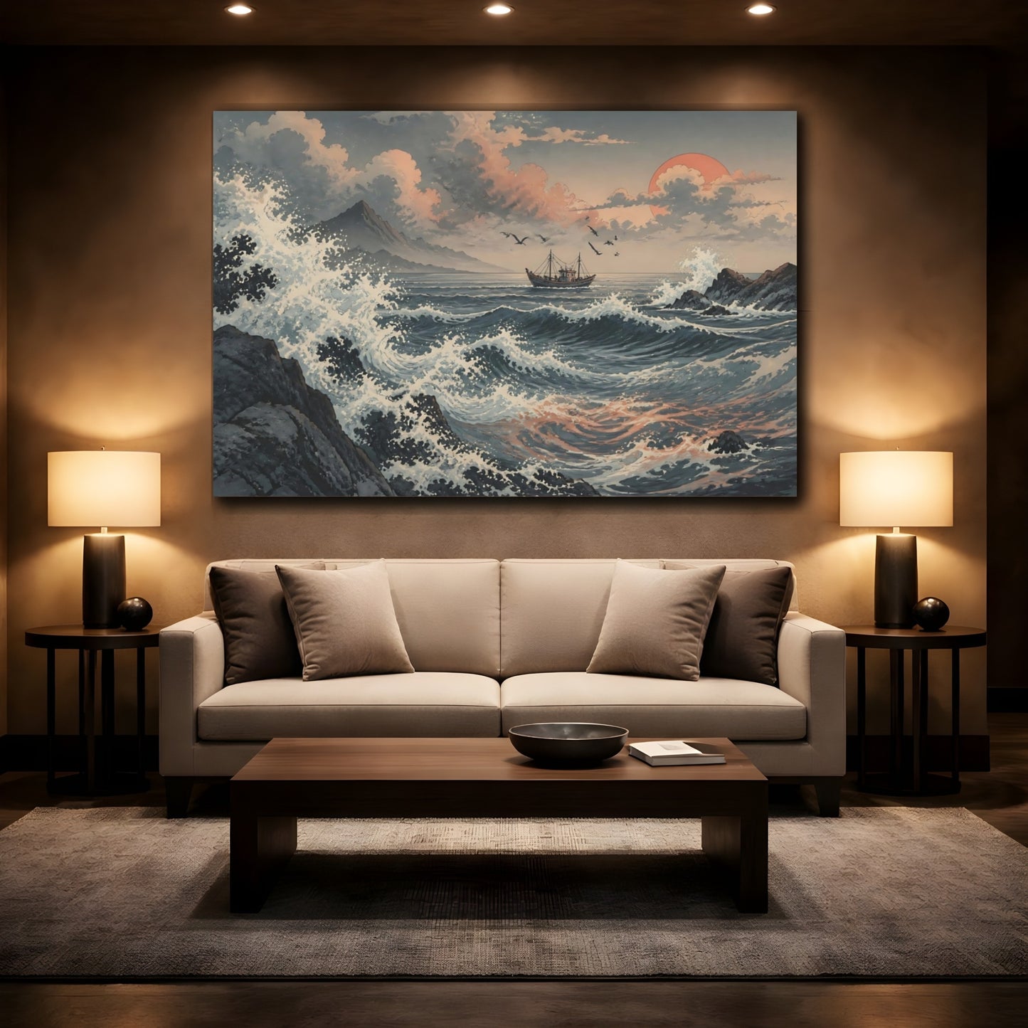 Mockup 2. Distant Fishing Boat Sunset shown as canvas print