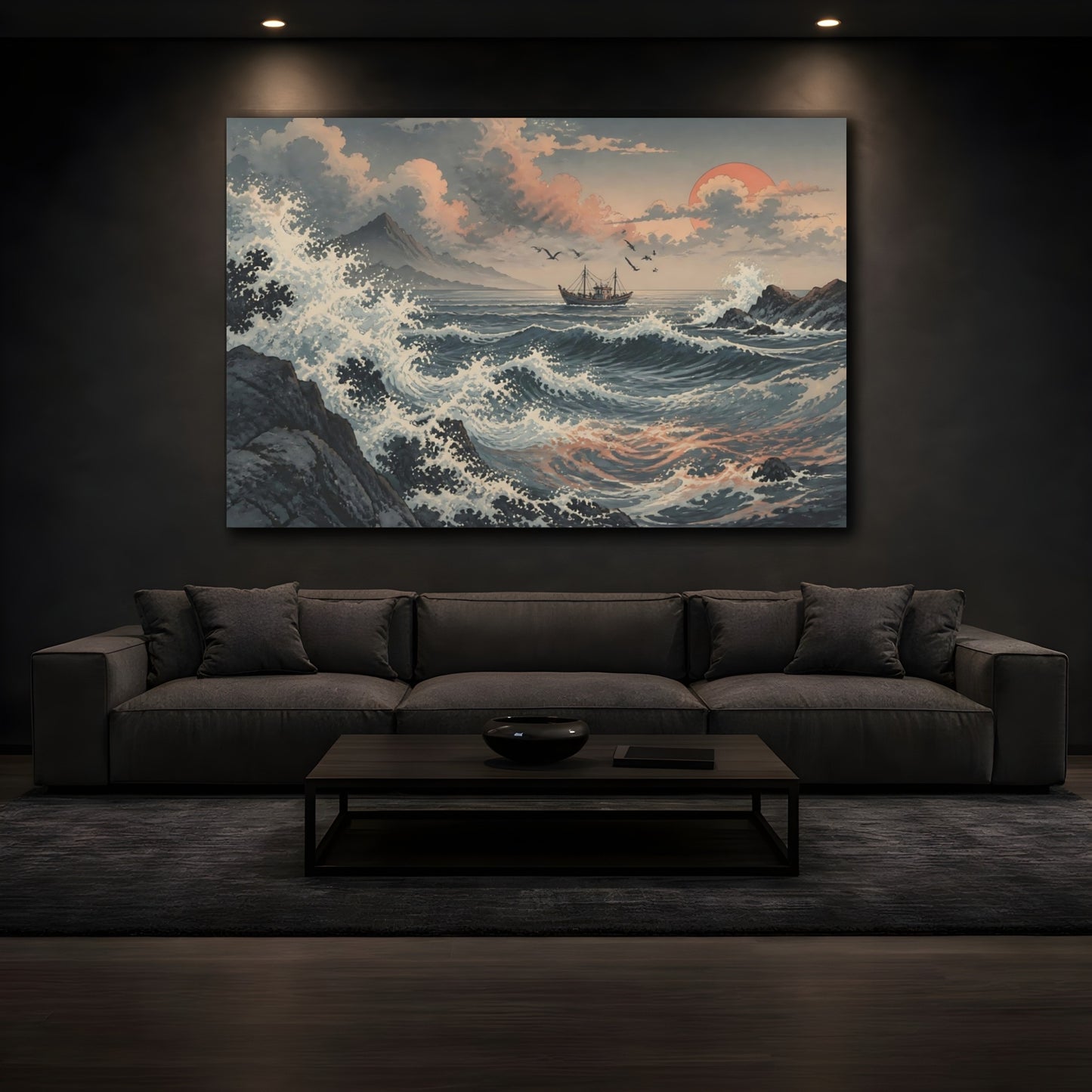 Mockup 3. Distant Fishing Boat Sunset shown as canvas print