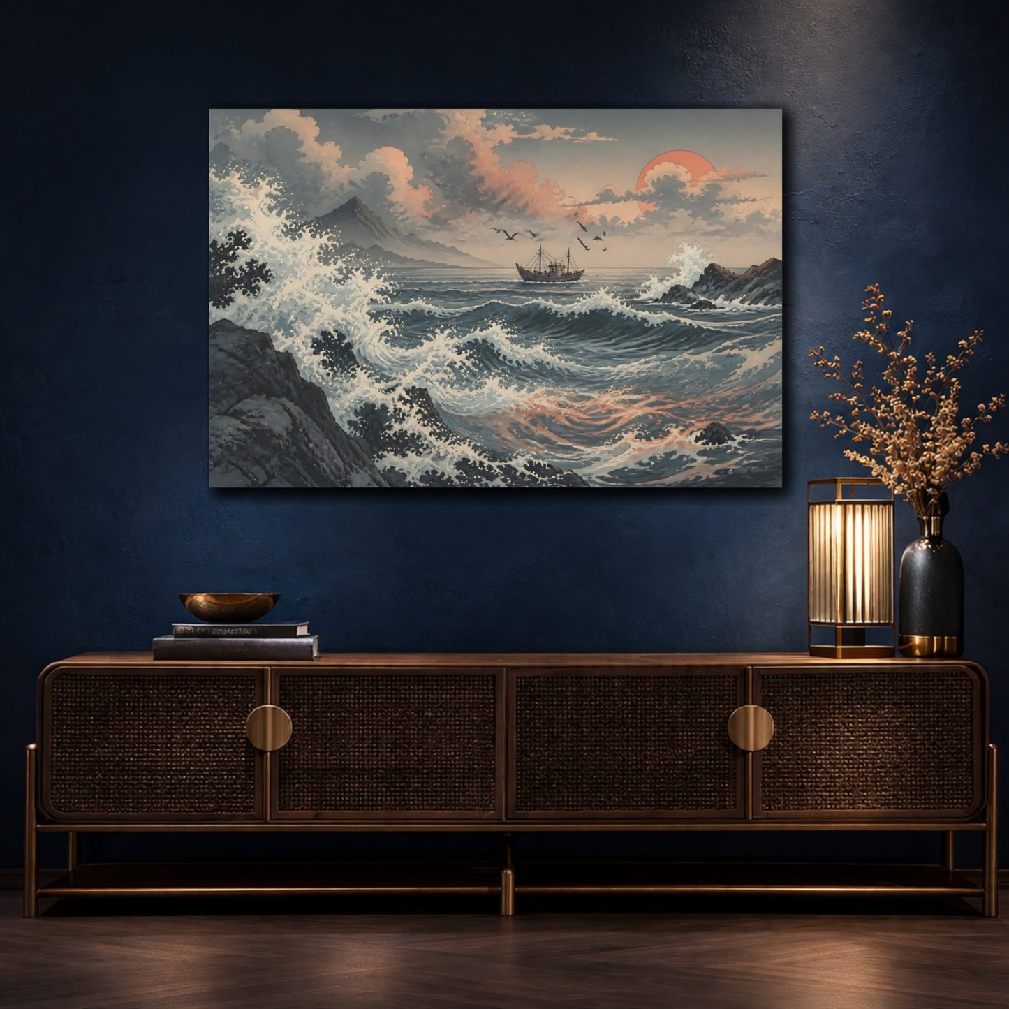 Mockup 4. Distant Fishing Boat Sunset shown as canvas print