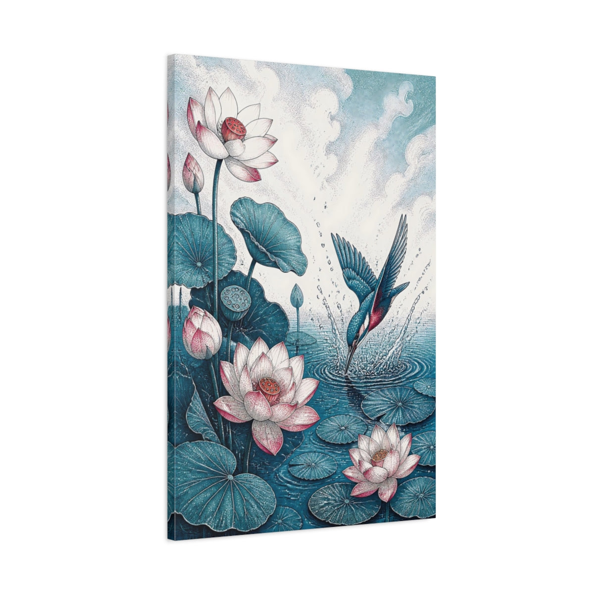Main Mockup. Diving Kingfisher And Lotus shown as canvas print