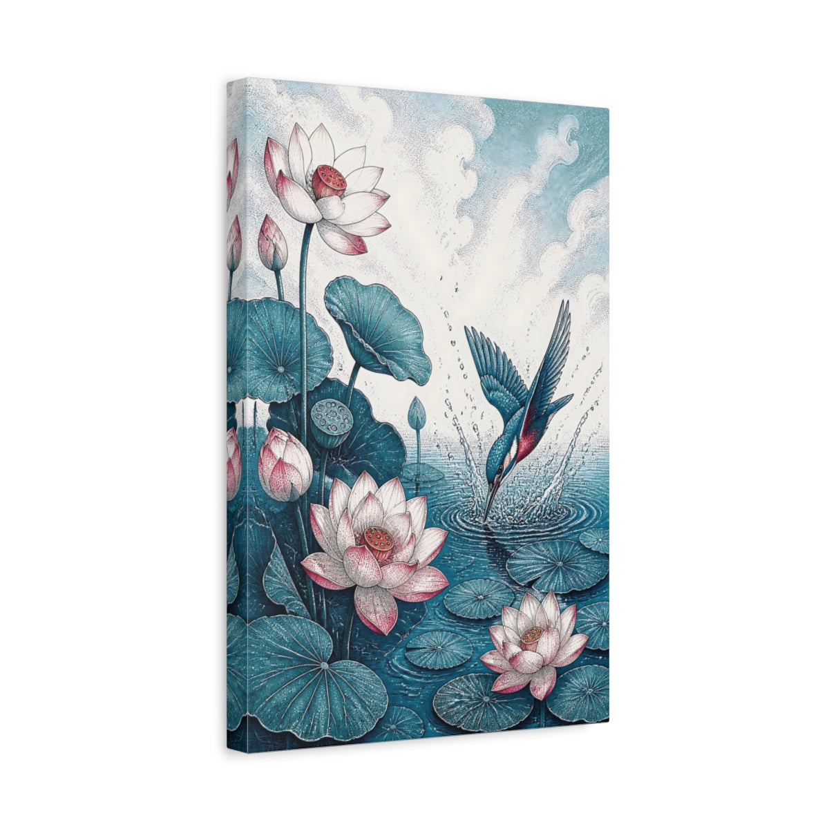 Side Mockup 4. Diving Kingfisher And Lotus shown as canvas print