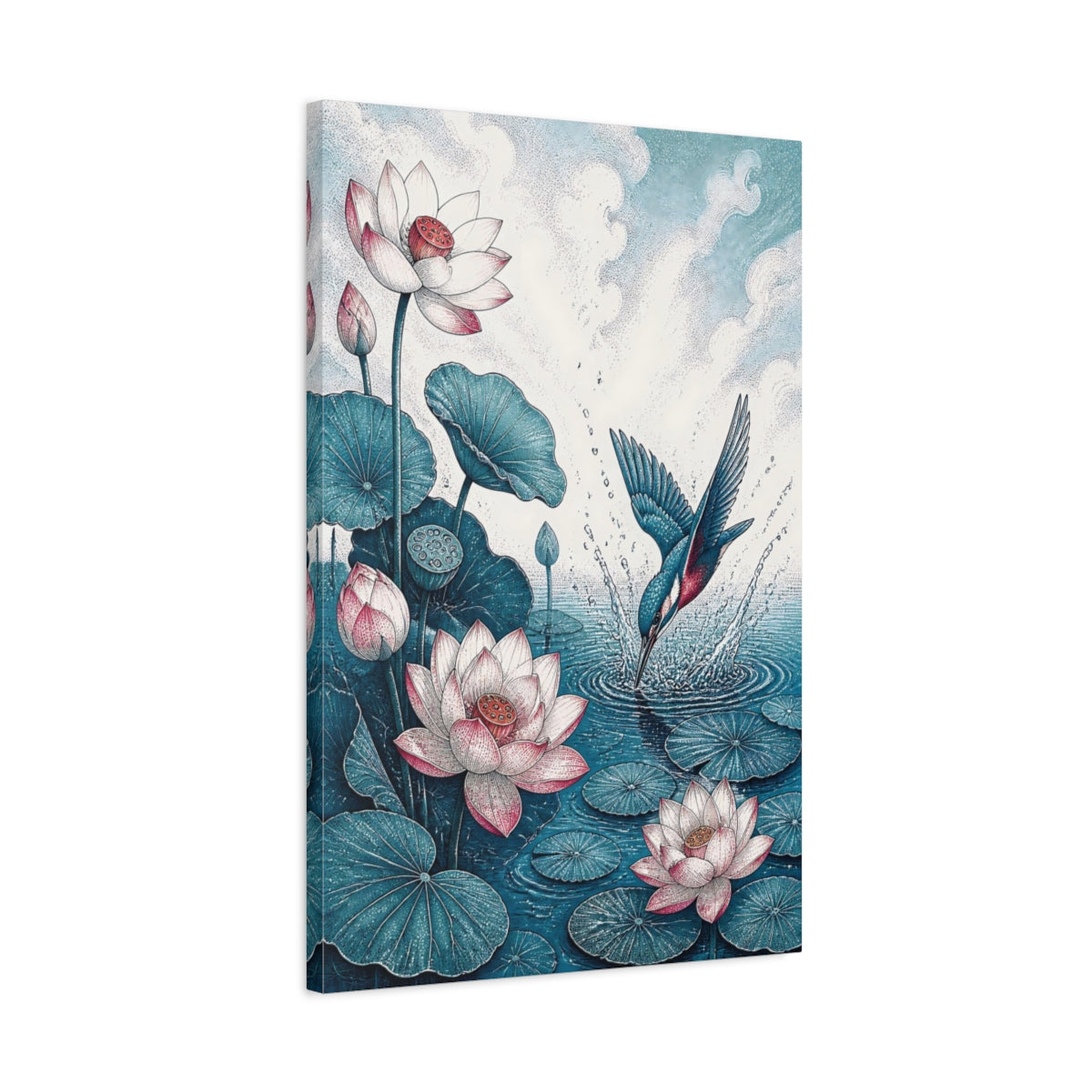 Side Mockup 2. Diving Kingfisher And Lotus shown as canvas print