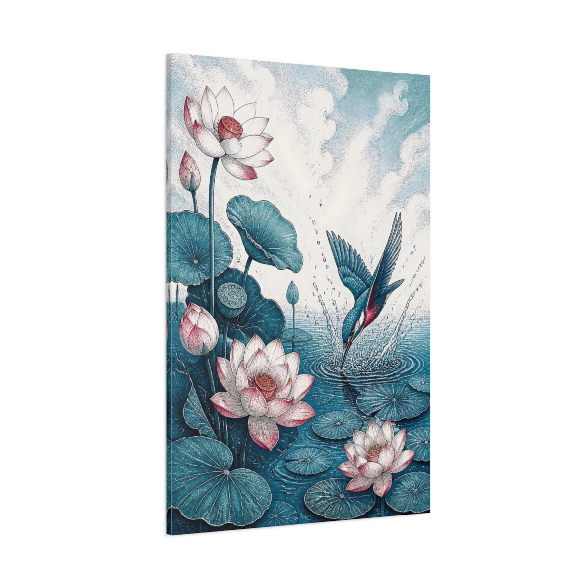 Side Mockup 1. Diving Kingfisher And Lotus shown as canvas print