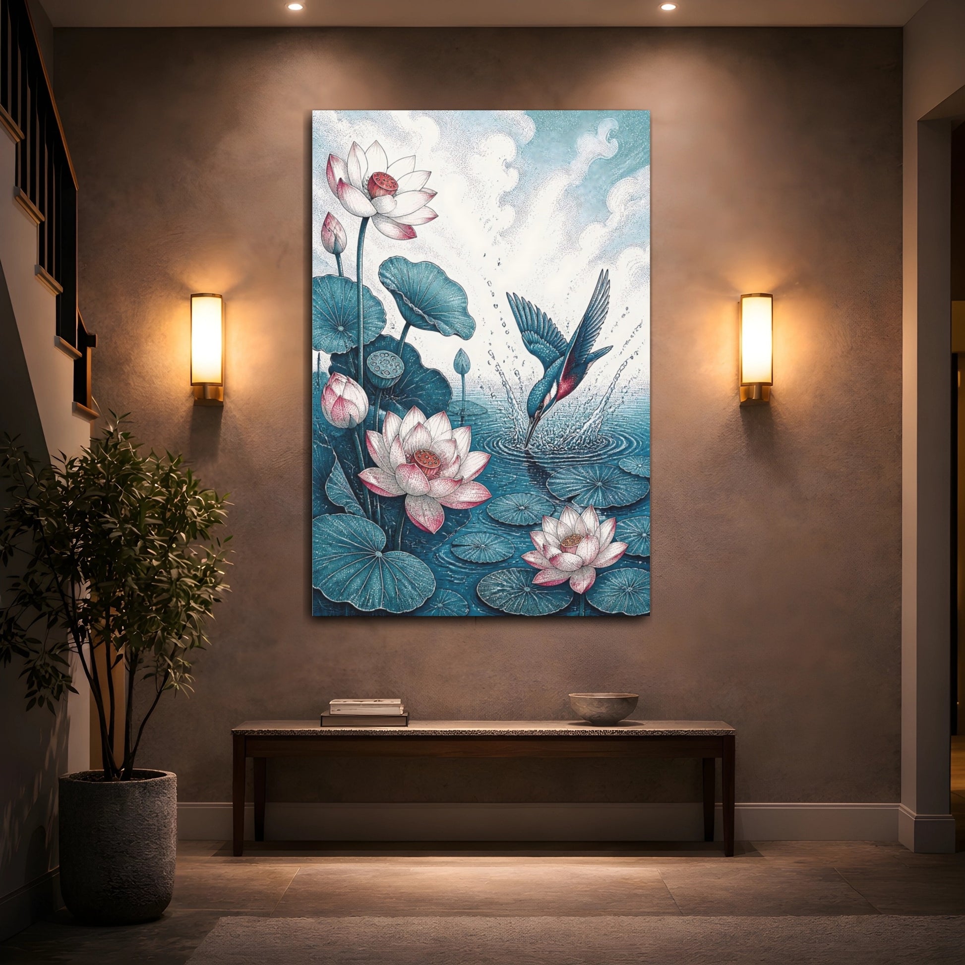 Mockup 2. Diving Kingfisher And Lotus shown as canvas print