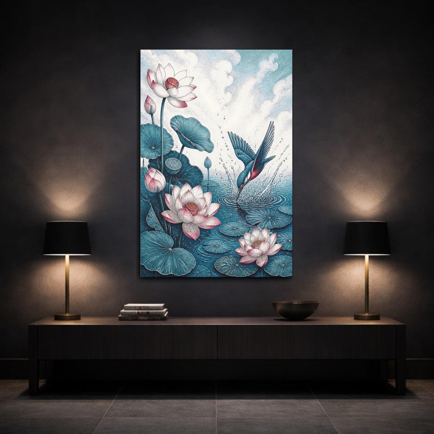 Mockup 3. Diving Kingfisher And Lotus shown as canvas print