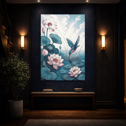 Mockup 4. Diving Kingfisher And Lotus shown as canvas print
