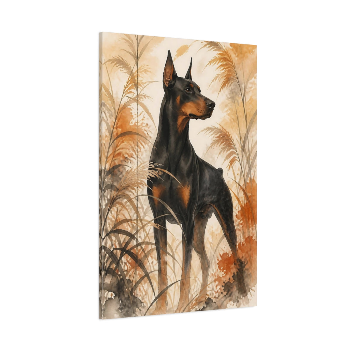 Side Mockup 1. Doberman Pet Portrait shown as canvas print
