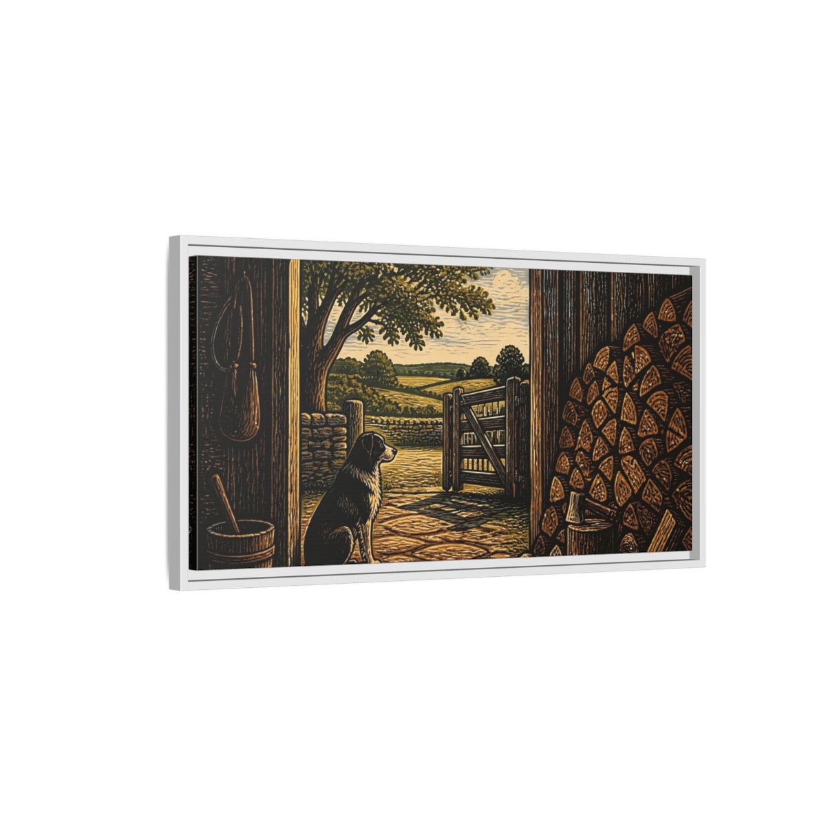 Side Mockup 1. Dog At Barn Door shown as framed canvas print