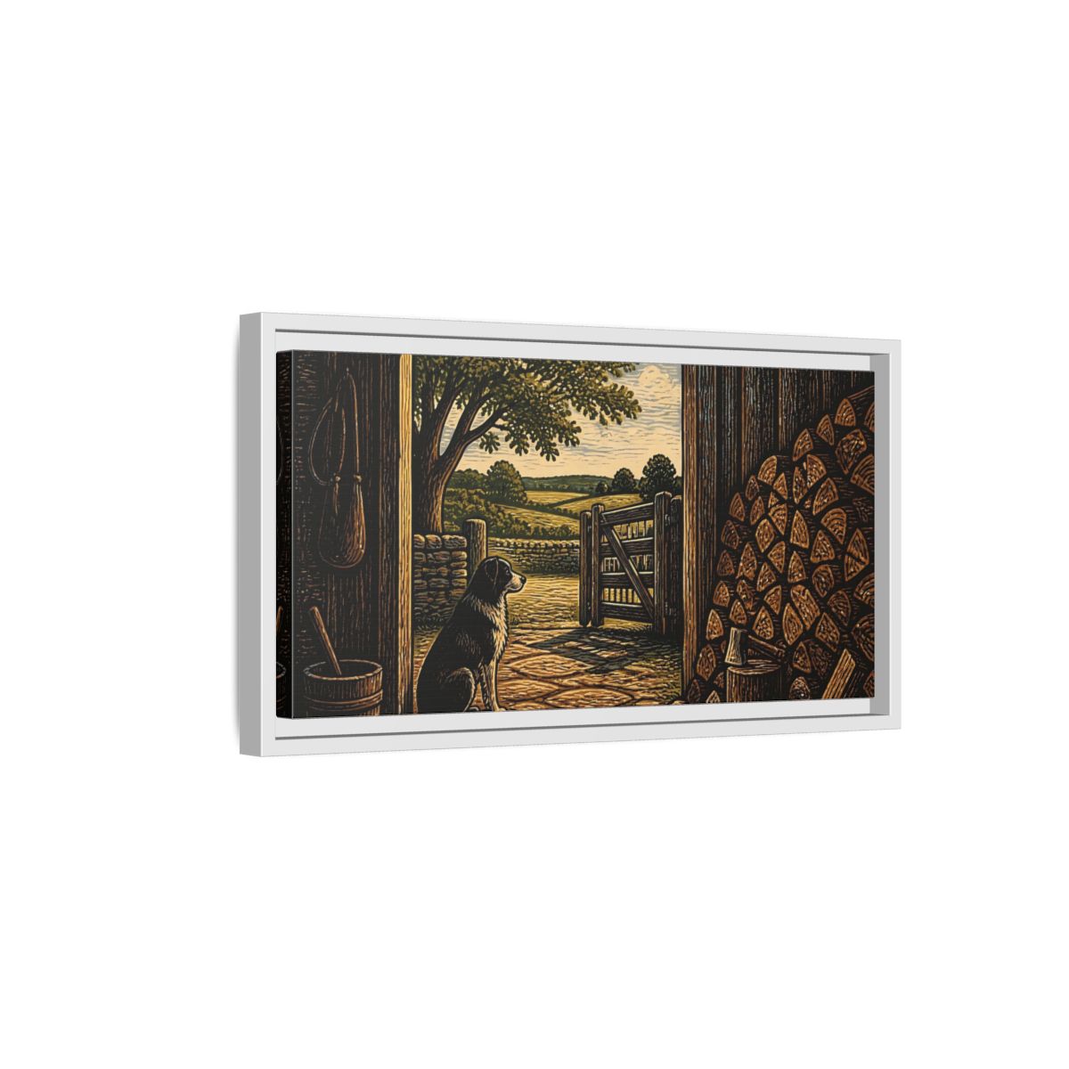 Side Mockup 6. Dog At Barn Door shown as framed canvas print