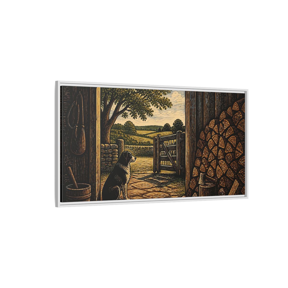 Side Mockup 3. Dog At Barn Door shown as framed canvas print