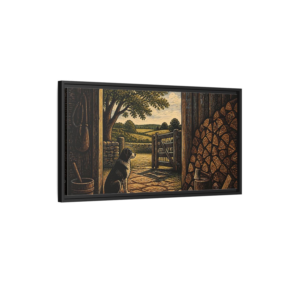Side Mockup 2. Dog At Barn Door shown as framed canvas print
