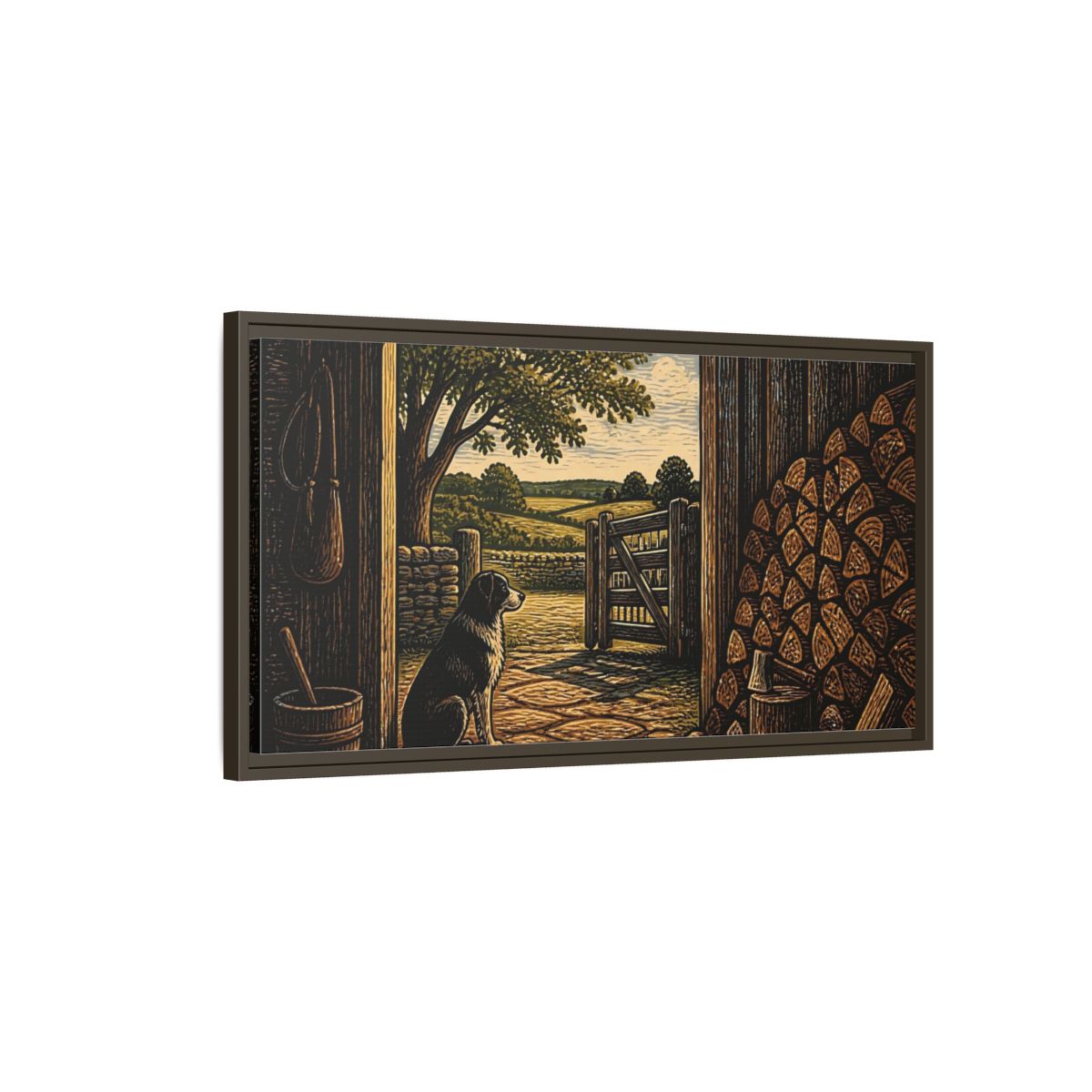 Main Mockup. Dog At Barn Door shown as framed canvas print