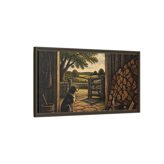 Main Mockup. Dog At Barn Door shown as framed canvas print