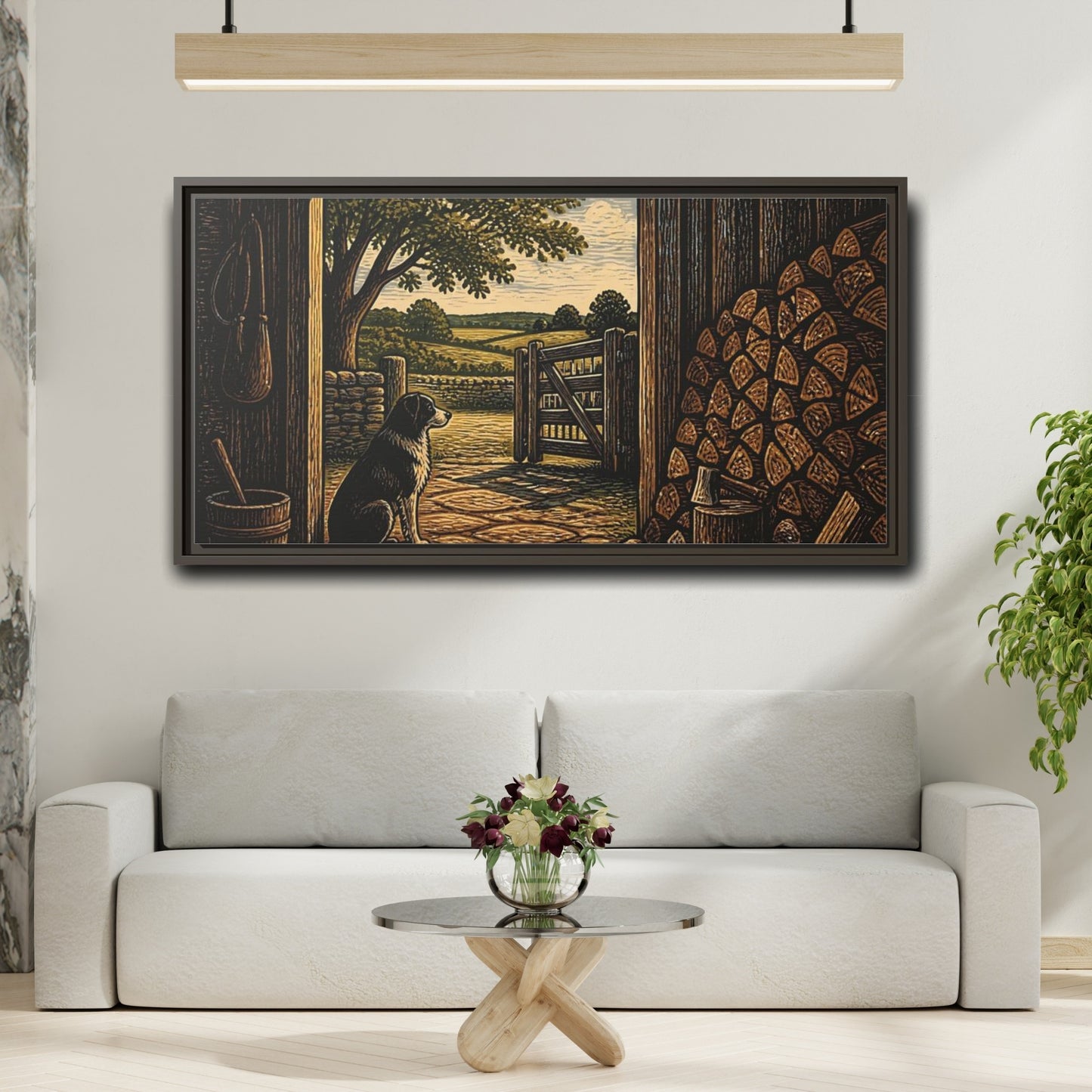Mockup 2. Dog At Barn Door shown as framed canvas print