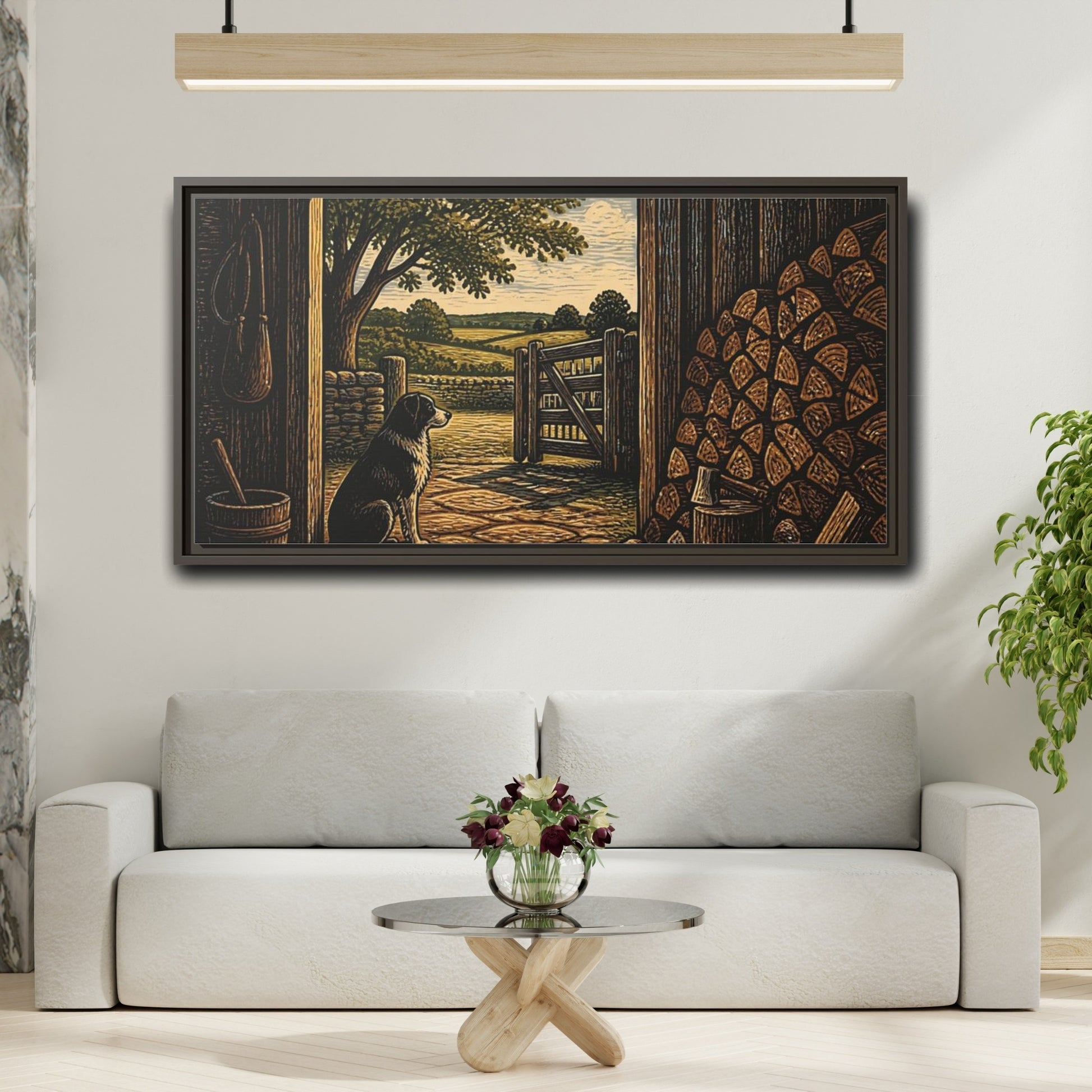 Mockup 2. Dog At Barn Door shown as framed canvas print