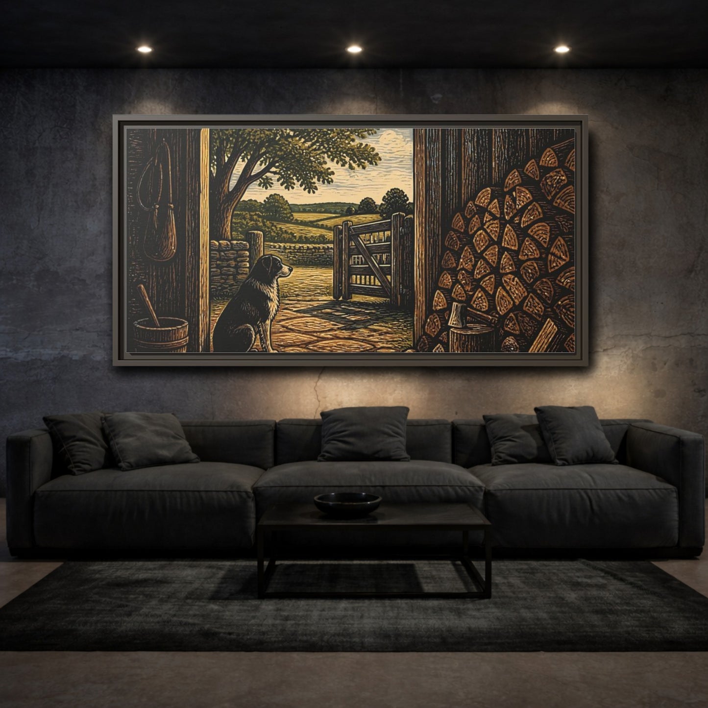 Mockup 3. Dog At Barn Door shown as framed canvas print