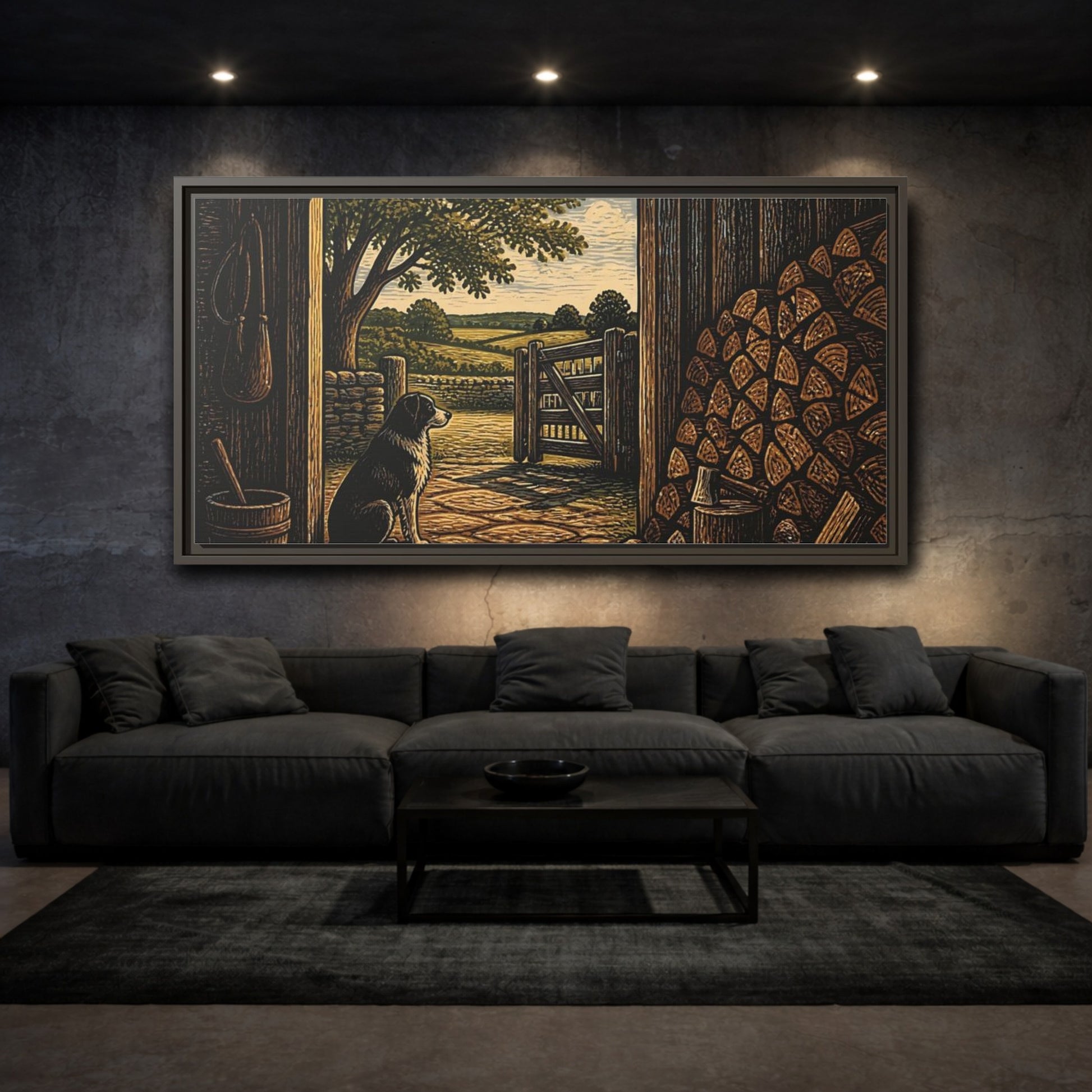 Mockup 3. Dog At Barn Door shown as framed canvas print