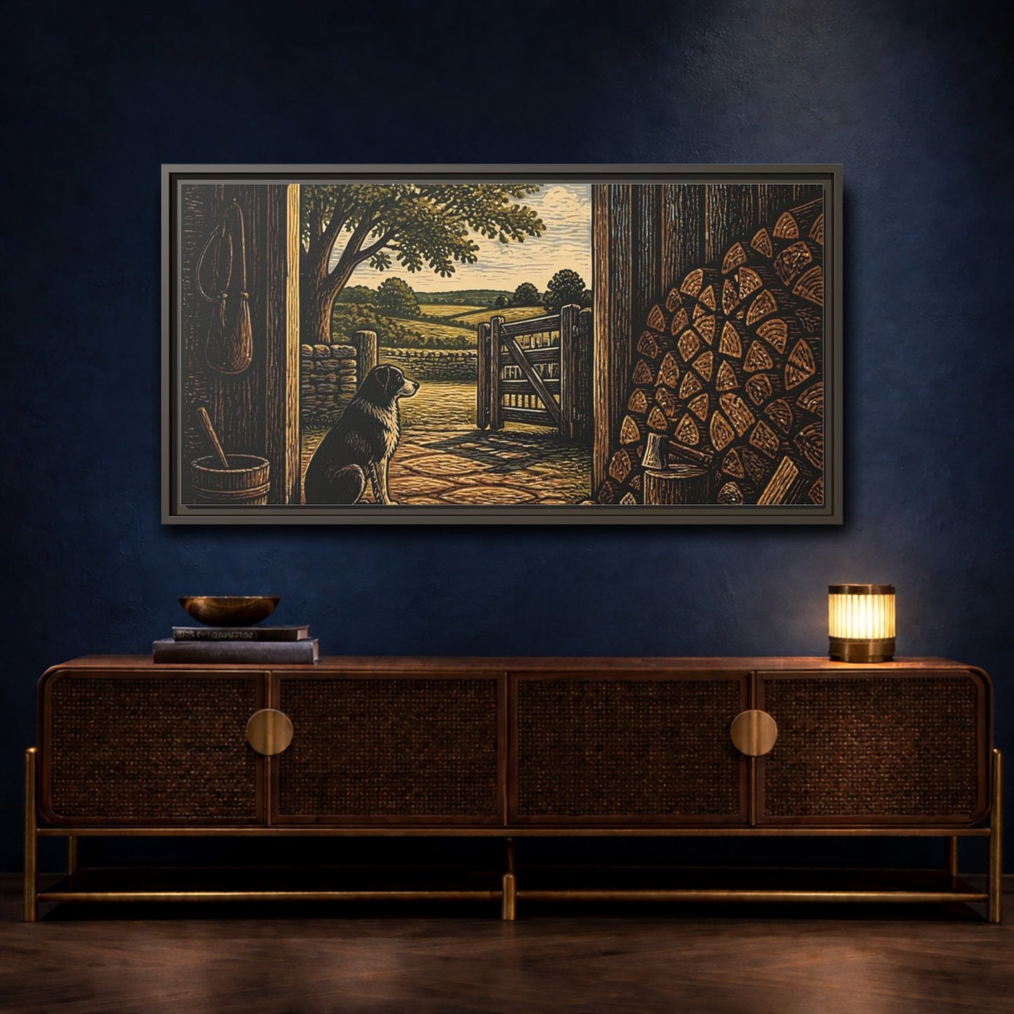 Mockup 4. Dog At Barn Door shown as framed canvas print
