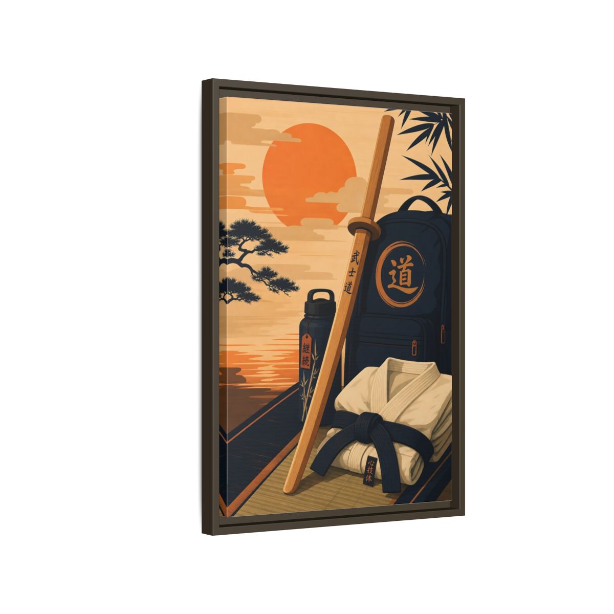 Side Mockup 2. Dojo Essentials At Sunset shown as framed canvas print