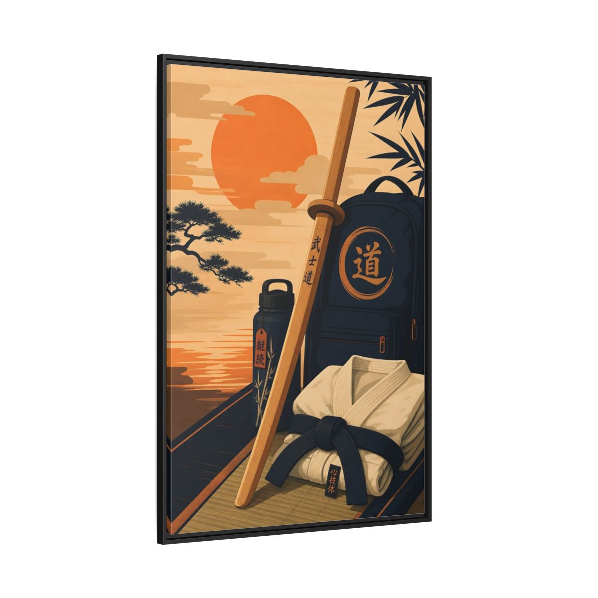 Side Mockup 12. Dojo Essentials At Sunset shown as framed canvas print