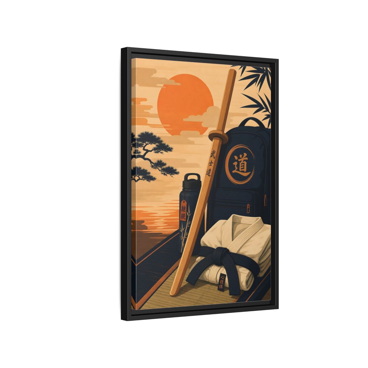 Side Mockup 3. Dojo Essentials At Sunset shown as framed canvas print