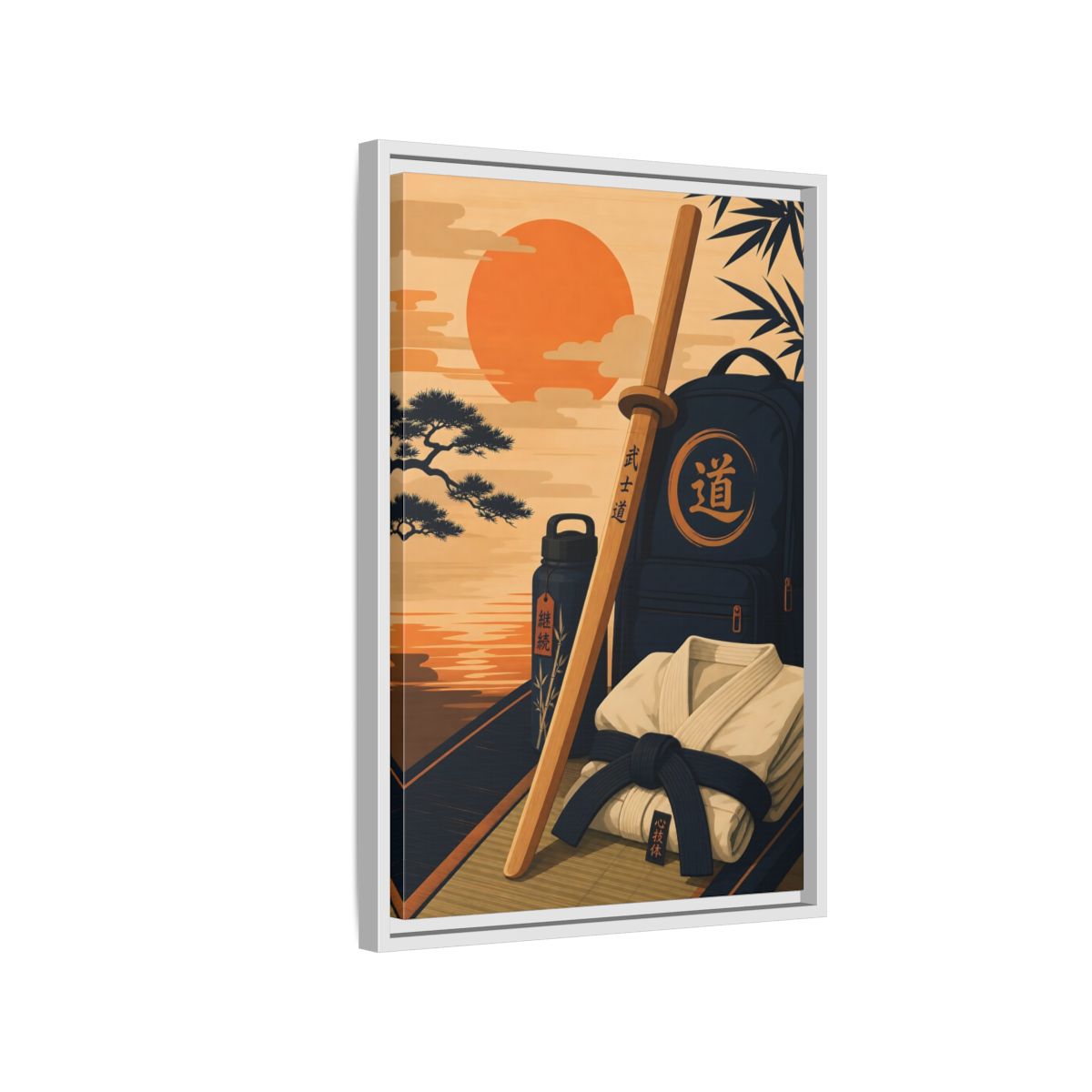 Side Mockup 1. Dojo Essentials At Sunset shown as framed canvas print