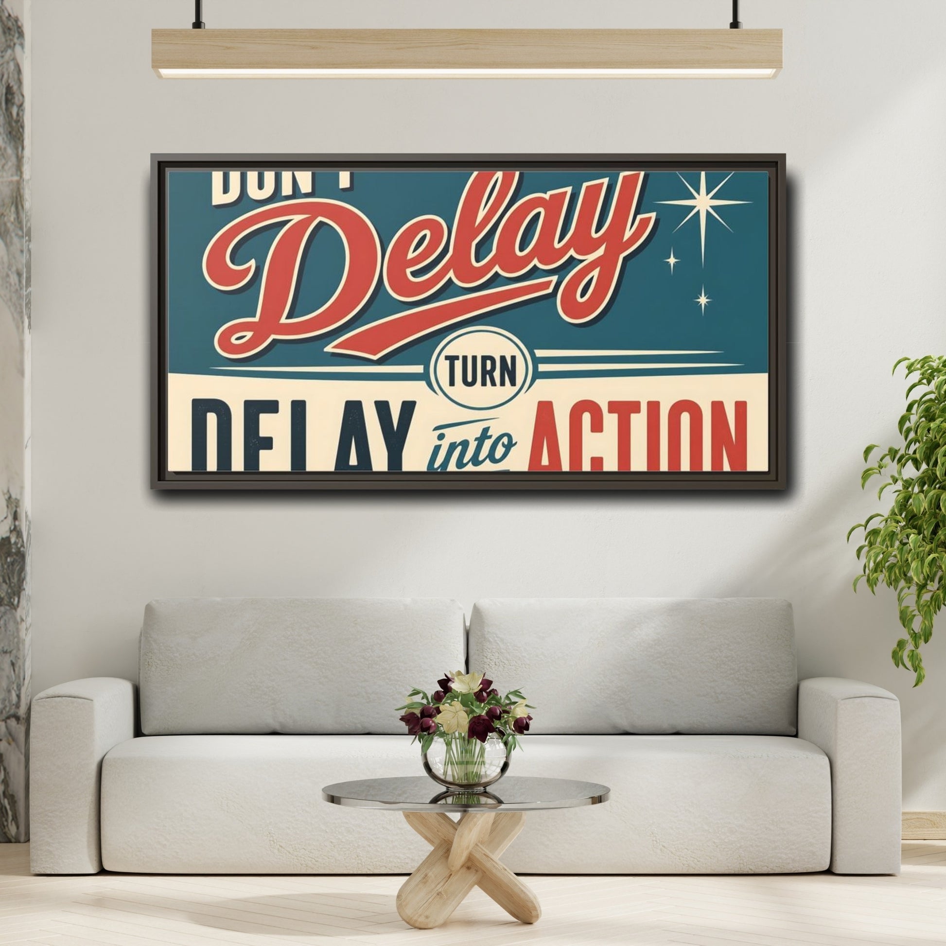 Mockup 2. Don't Delay Motivational Poster shown as framed canvas print