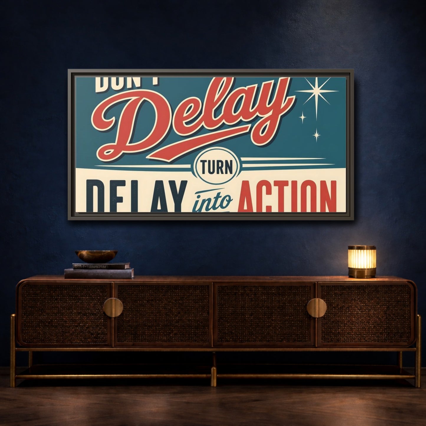 Mockup 4. Don't Delay Motivational Poster shown as framed canvas print