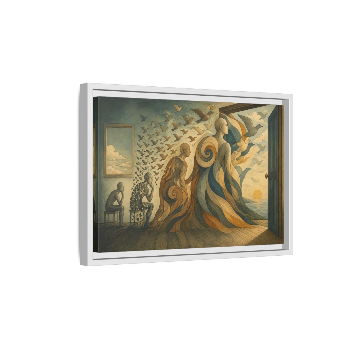 Side Mockup 4. Doorway To Flight shown as framed canvas print