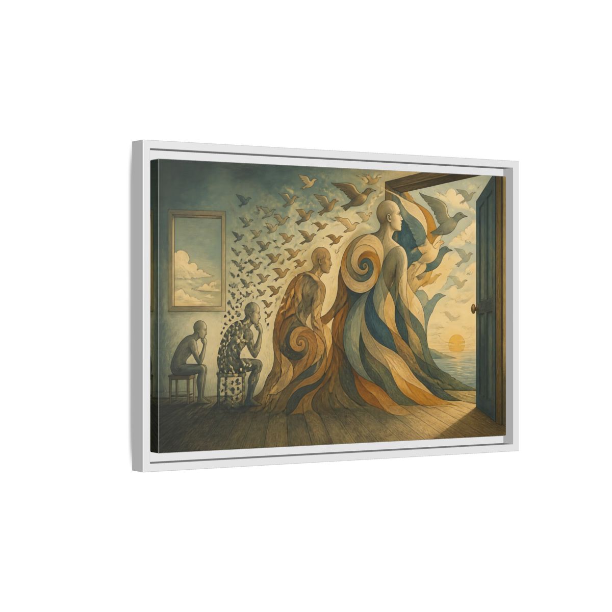 Side Mockup 1. Doorway To Flight shown as framed canvas print