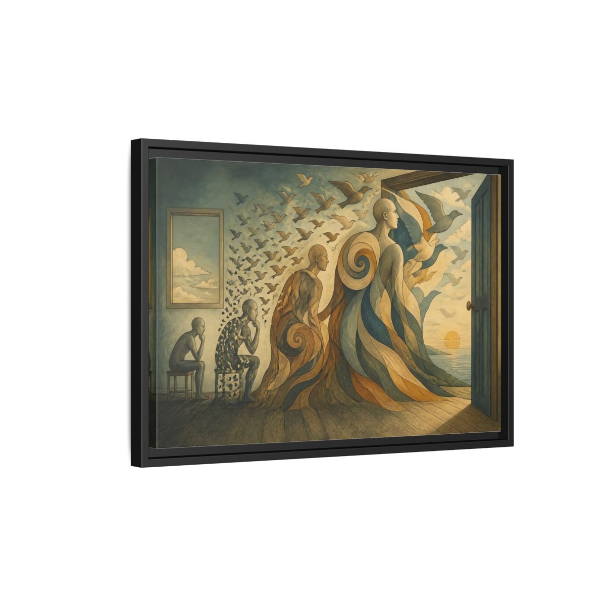 Side Mockup 3. Doorway To Flight shown as framed canvas print